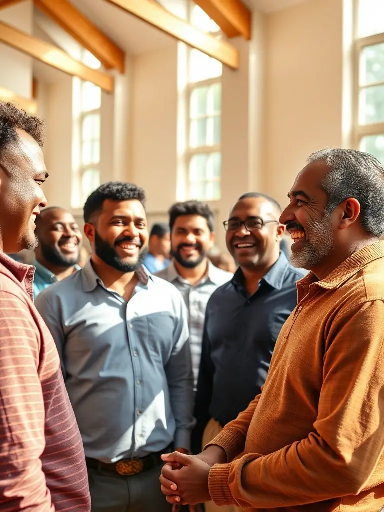 A group of black fathers mentoring young men, outdoors, positive and supportive environment.