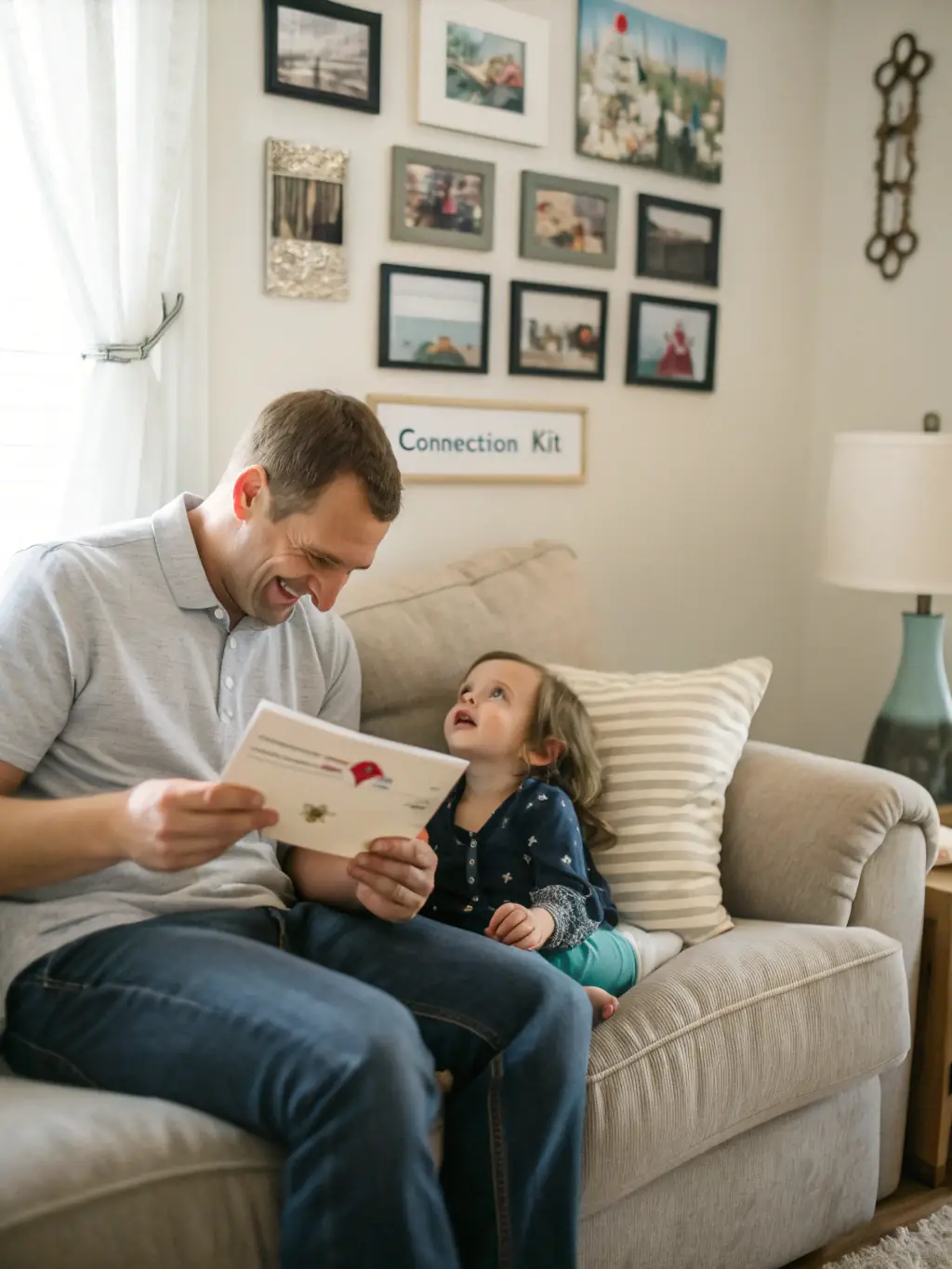 A black father reading an ebook to his young daughter, both smiling, in a cozy living room setting. The scene is warm and inviting, emphasizing the importance of reading and bonding.