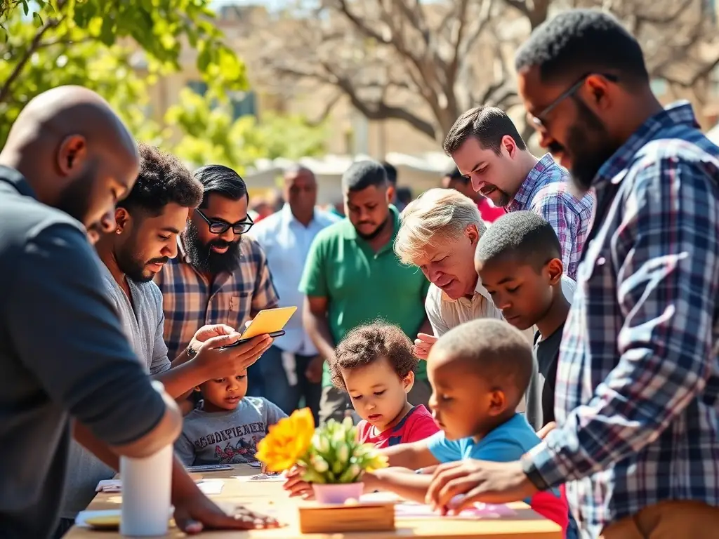 An image of a diverse group of fathers participating in a workshop, symbolizing the community and educational resources that will be available soon.